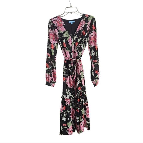 DRAPER JAMES RSVP Long Sleeve Tiered Midi Dress Black Floral - Size X-Small - Picture 2 of 11